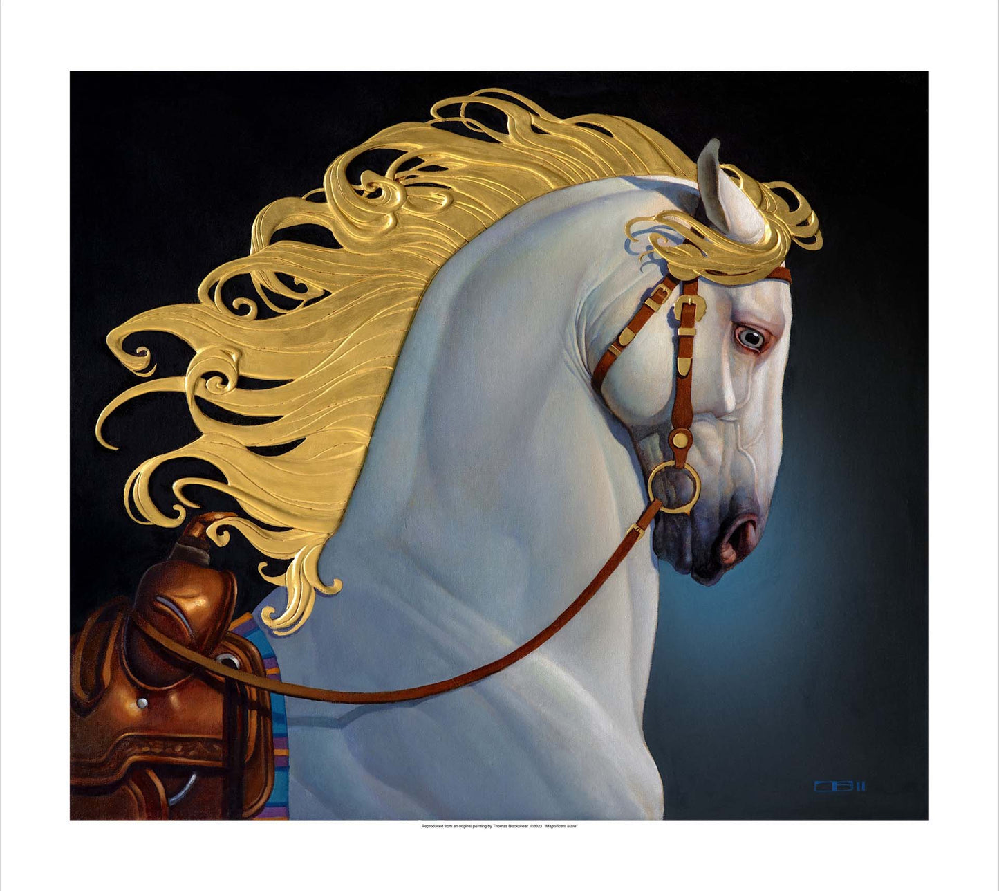 Magnificient Mare by THOMAS BLACKSHEAR II - A white horse with golden mane on a black and blue gradient background.